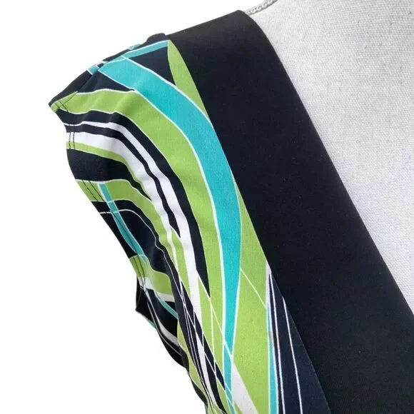 Frank Lyman v neck cap sleeve jersey knit dress black trim & belt graphic print - Picture 5 of 11